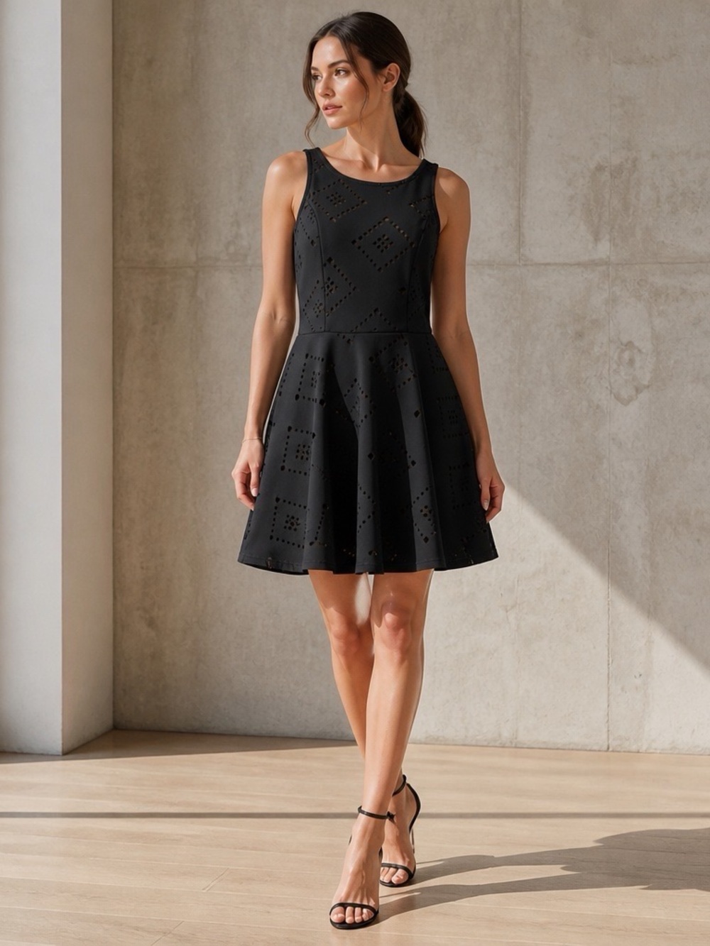 Material Girl Black Laser Cut Fit & Flare Skater Dress Size Small